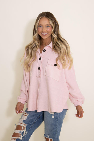 Bucketlist French Terry Fleece Button Up Sweater for Women in Pink | T1578-MAUVE
