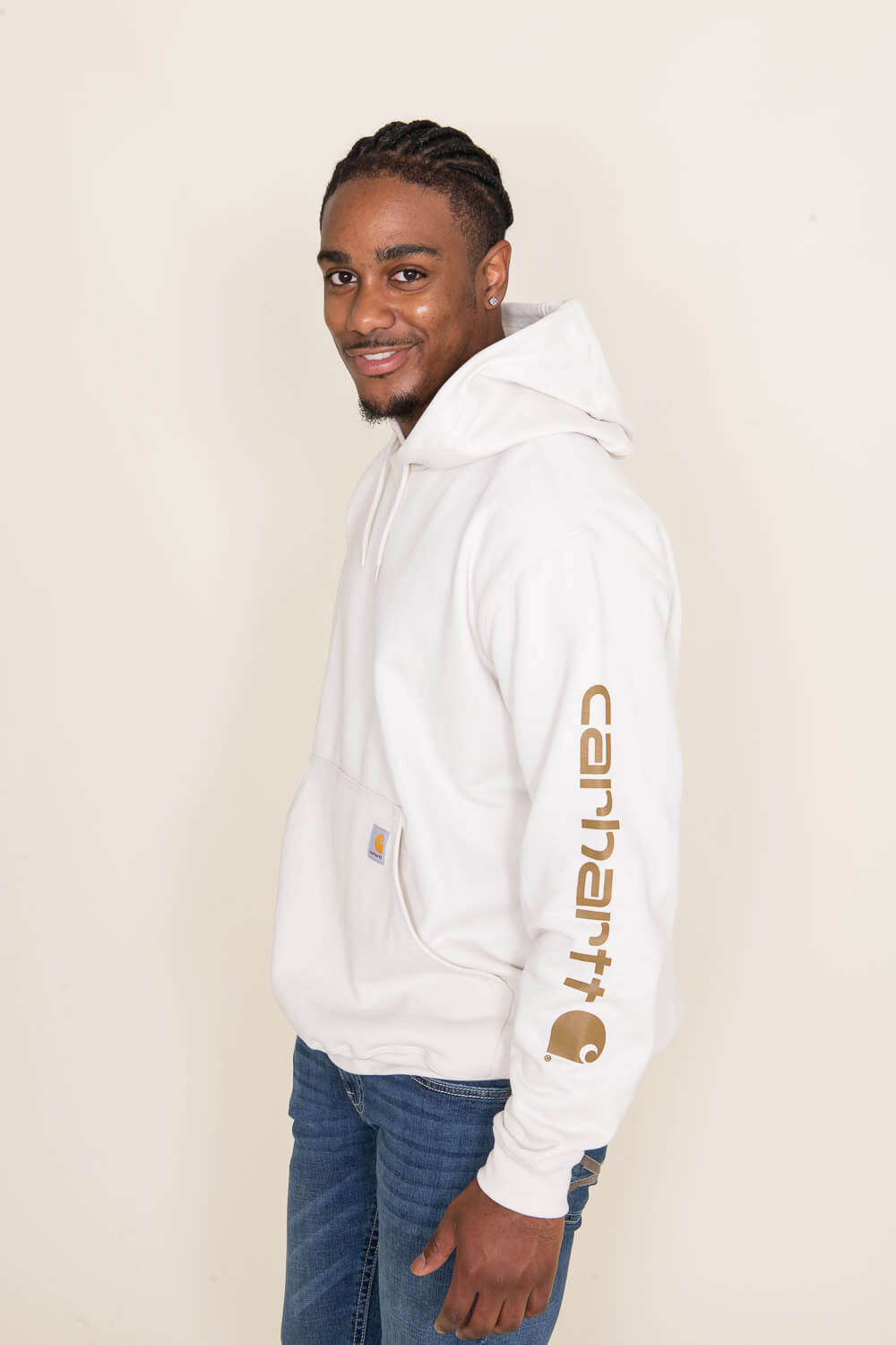 Carhartt Logo Sleeve Hoodie for Men in Malt White