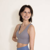 Ribbed V Plunge Padded Sports Bra for Women in Grey
