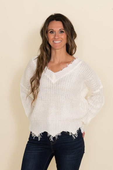 Frayed V Neck Sweater for Women in White