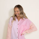 Simply Southern Color Block Boyfriend Shirt for Women in Taffy Pink