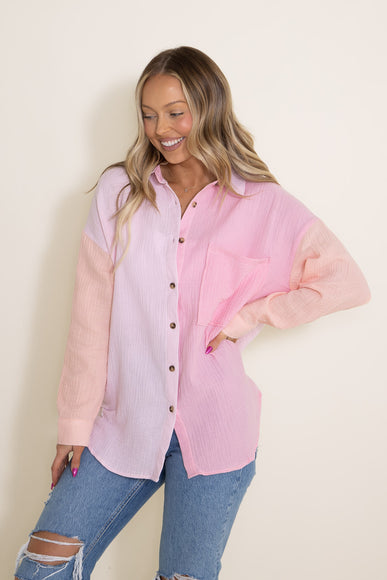 Simply Southern Color Block Boyfriend Shirt for Women in Taffy Pink