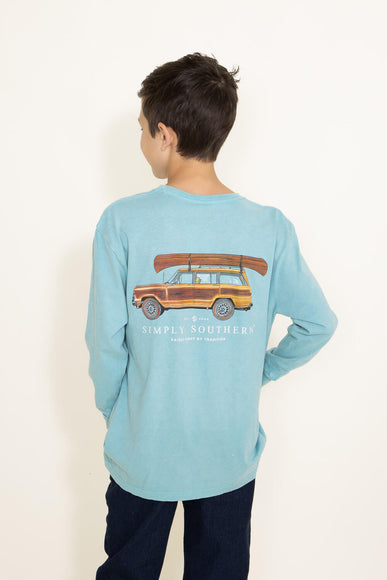 Simply Southern Youth Canoe on a Car Long Sleeve T-Shirt for Boys in Blue 1