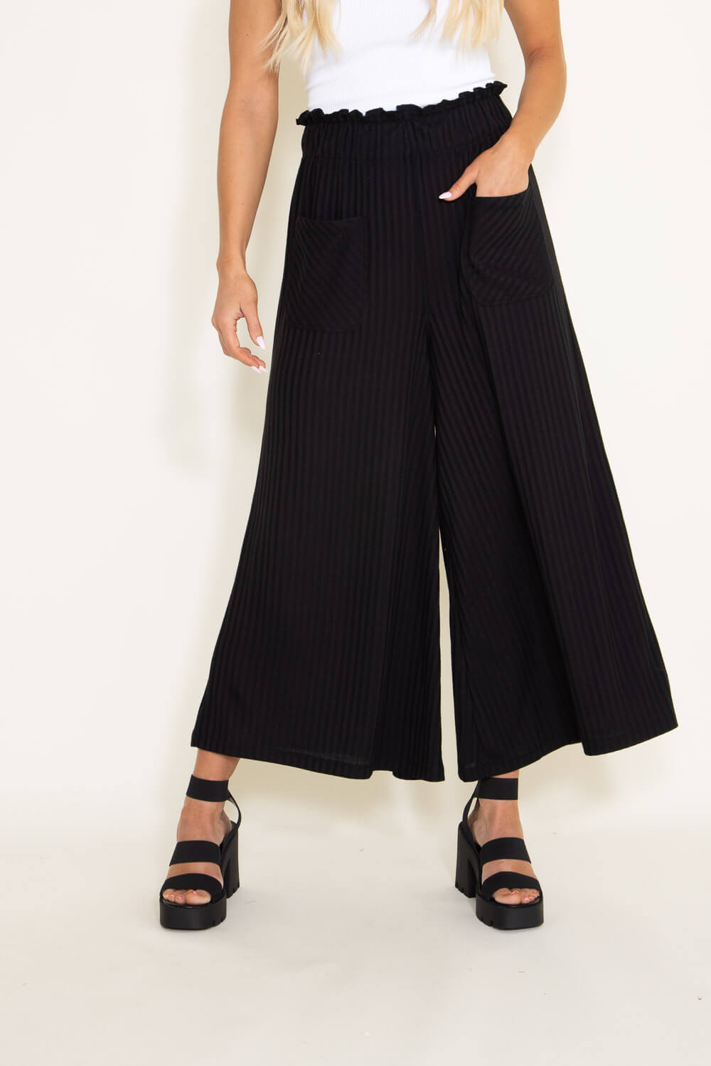 Ruffle Waist Flowy Wide Leg Pants for Women in Black