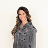 American Bazi Long Destructed Hem Denim Jacket for Women in Grey