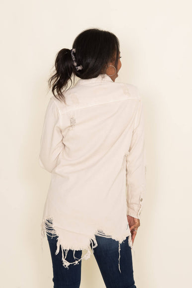 American Bazi Long Destructed Denim Shacket in Ivory