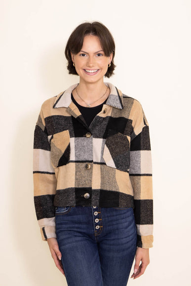 Cropped Plaid Shacket for Women in Black/Yellow