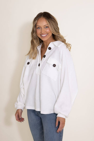 Bucketlist French Terry Fleece Button Up Sweater for Women in Ivory