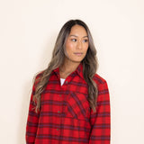 La Miel Plaid Long Sleeve Flannel Button Up Shirt for Women in Red