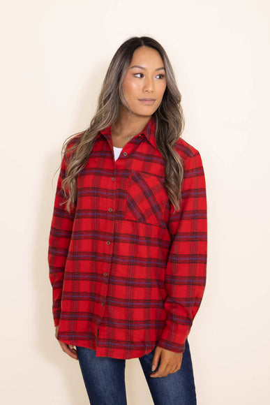 La Miel Plaid Long Sleeve Flannel Button Up Shirt for Women in Red