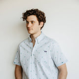 Simply Southern Palm Print Woven Button-Down Shirt for Men in Light Blue