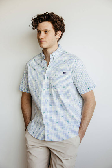 Simply Southern Palm Print Woven Button-Down Shirt for Men in Light Blue