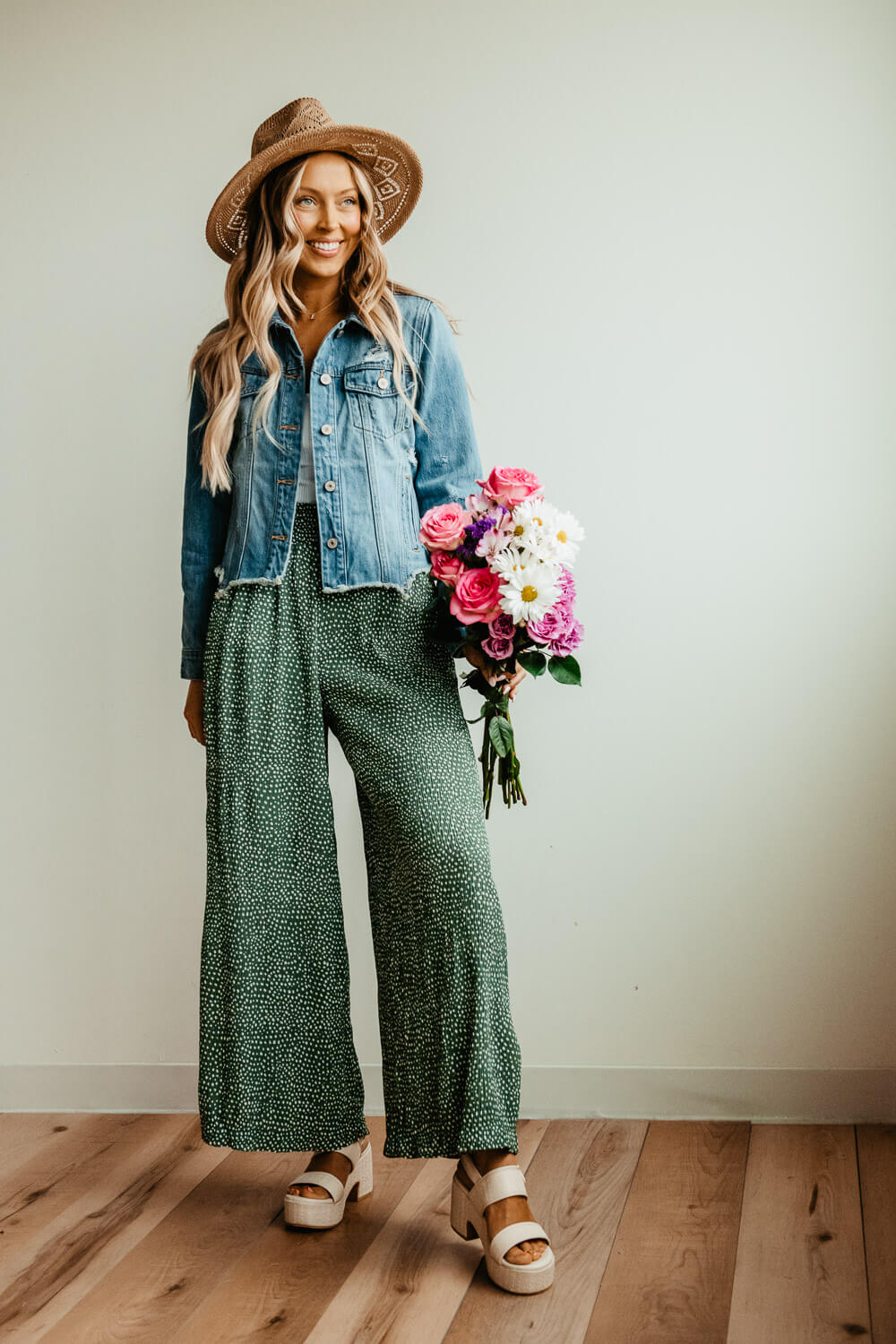 Dotted Smocked Waist Wide Leg Pants for Women in Green