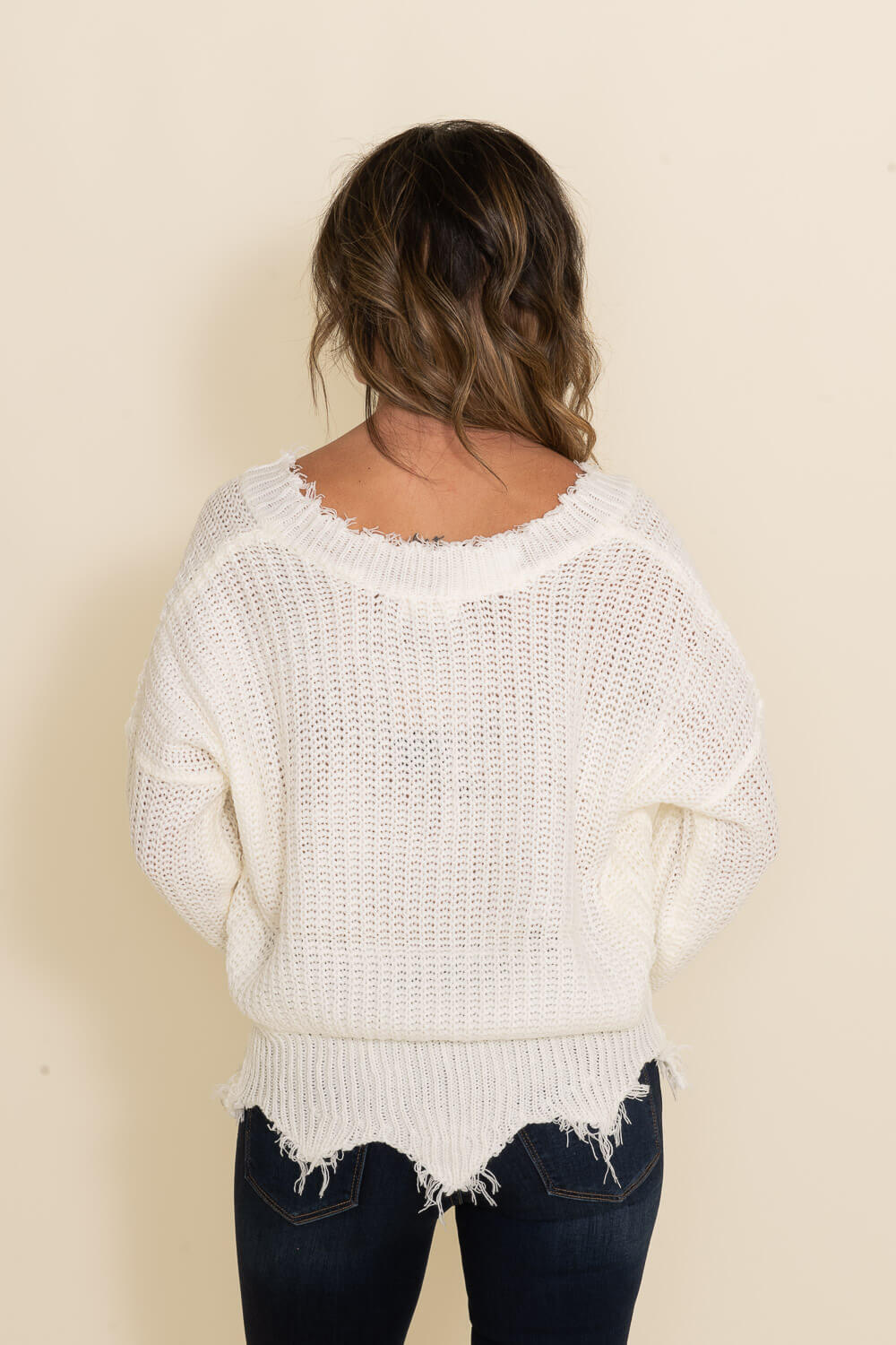 Frayed V Neck Sweater for Women in White | LT31500-WHITE – Glik's