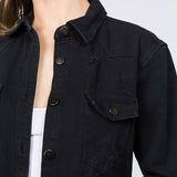 American Bazi Long Destructed Denim Jacket in Black