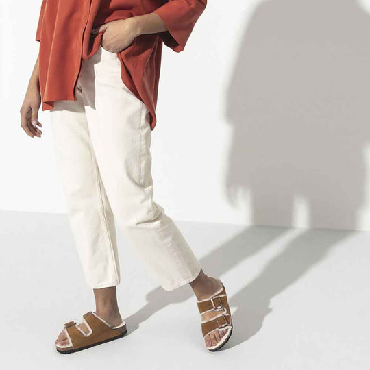 Birkenstock Arizona Shearling Suede Sandals for Women in Mink/Natural Brown