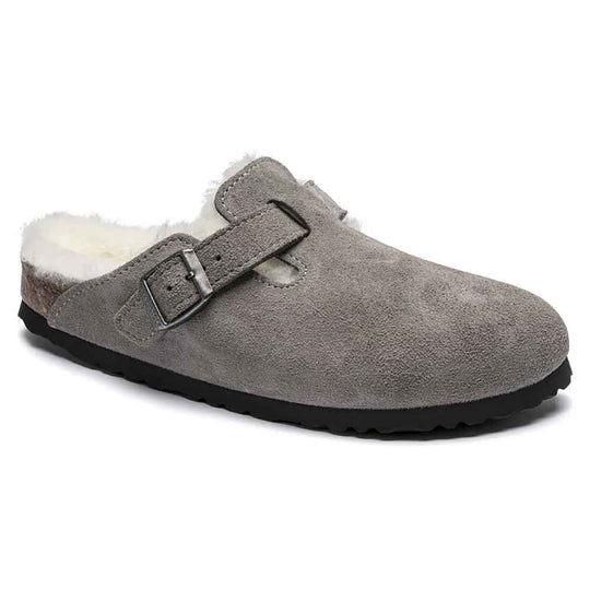 Birkenstock Boston Shearling Suede Leather Clogs for Women in Stone Coin