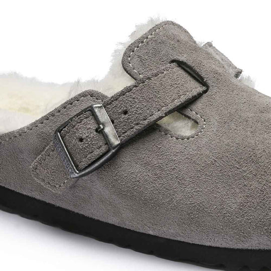 Birkenstock Boston Shearling Suede Leather Clogs for Women in Stone Coin