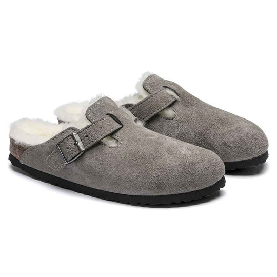 Birkenstock Boston Shearling Suede Leather Clogs for Women in Stone Coin