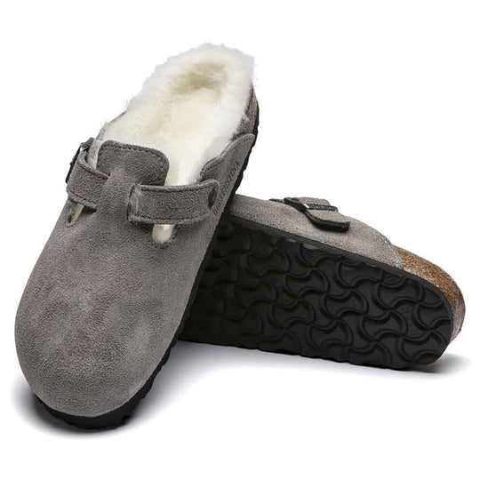 Birkenstock Boston Shearling Suede Leather Clogs for Women in Stone Coin