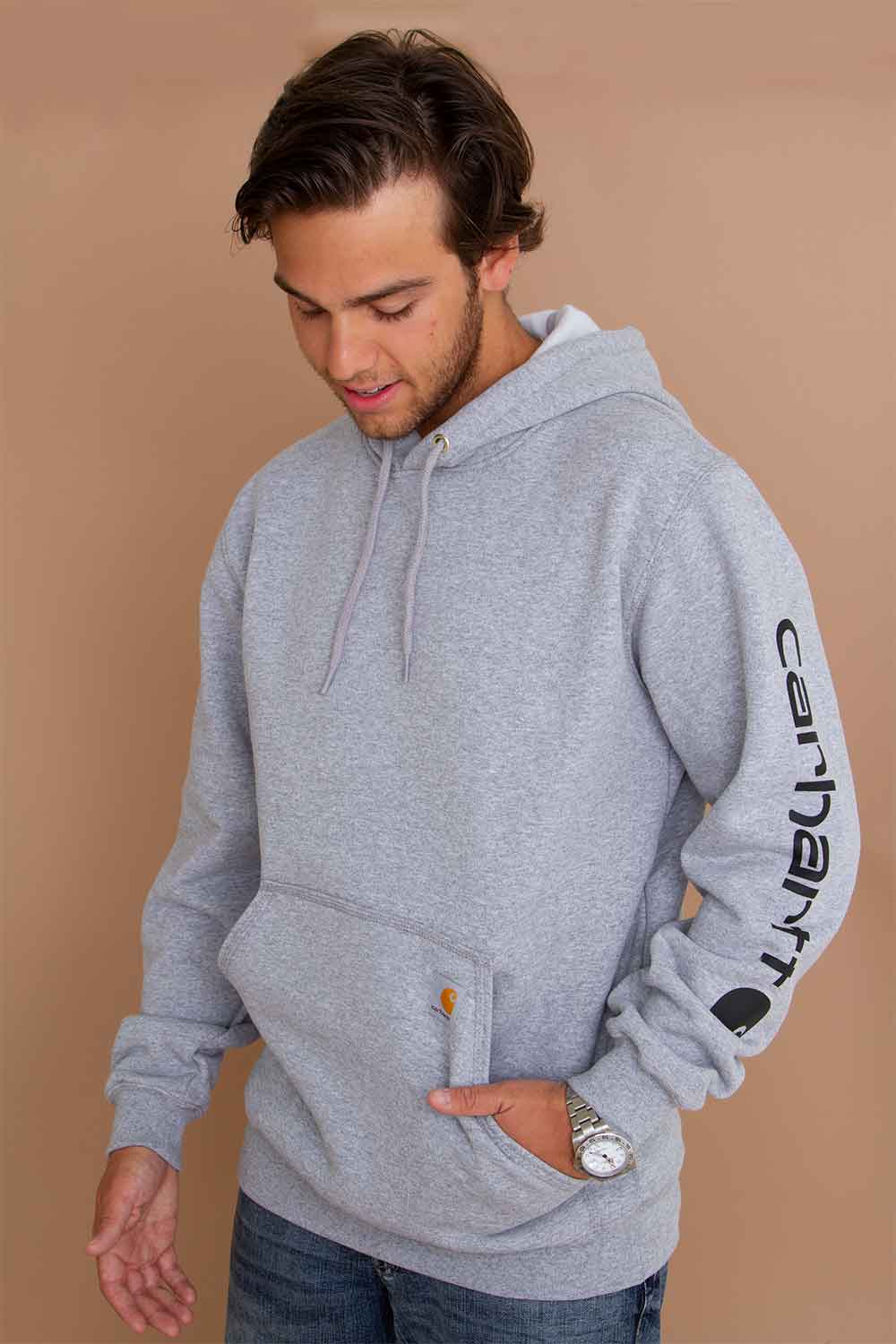 Carhartt Logo Sleeve Graphic Hoodie for Men in Heather Grey | K288