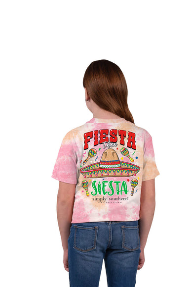 Simply Southern Youth Fiesta Then Siesta T-Shirt for Girls in Tie dye Pink/Coral