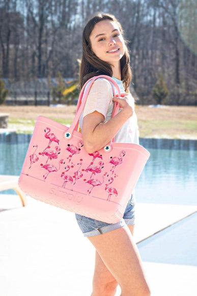 Simply Southern Flamingo Printed Large Waterproof Tote Bag in Pink